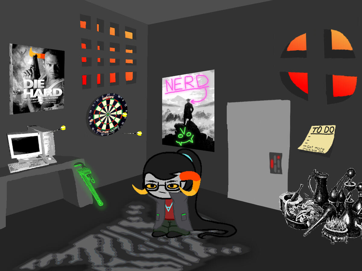 A young grey-skinned person standing in a dark grey room. Various items are strewn about.