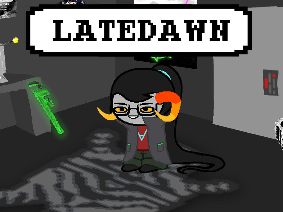 The troll is smiling and a textbar appears above their head with the name LATEDAWN.